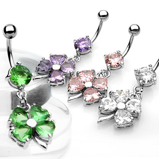 Piercing nombril tr�fle � quatre feuilles strass