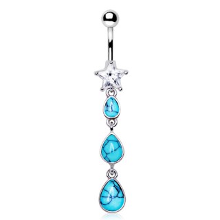 Piercing nombril � trio de gouttes de turquoise et �toile strass