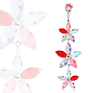 Piercing nombril triple fleur � p�tales strass multicolores