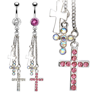 Piercing nombril triple-pendentif croix