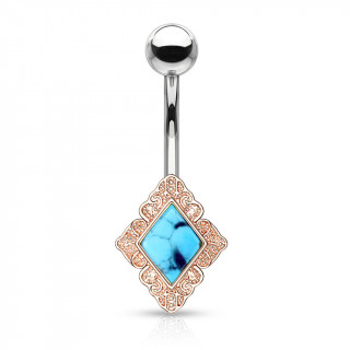 Piercing nombril turquoise � cadre losange - Cuivr�