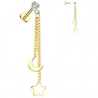 Piercing oreille acier dor� � lune et �toile suspendues (lobe, h�lix, flat...)