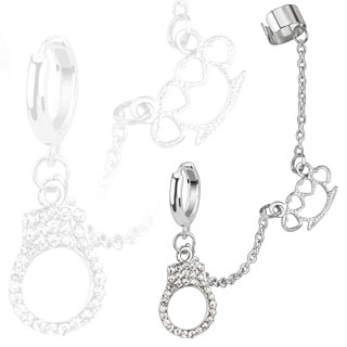 Piercing oreille avec menotte sertie et poing am�ricain enchain�s