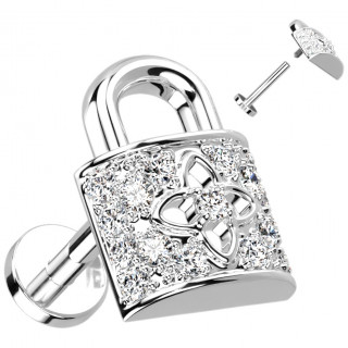 Piercing oreille cadenas clair � fleur et strasse (lobe, h�lix, flat...)