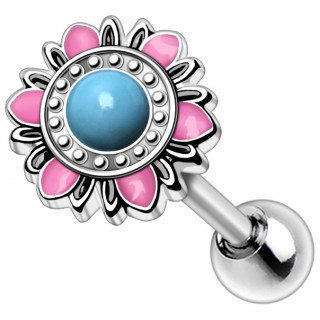 Piercing oreille cadran floral emaill� rose et bleu (h�lix, flat, lobe...)