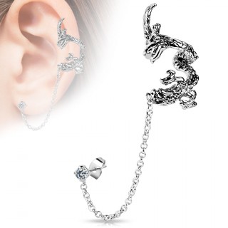 Piercing oreille � clou, chaine et menotte en forme de dragon