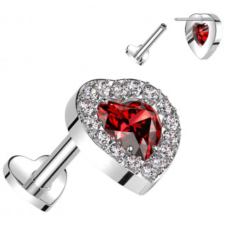 Piercing oreille coeur rouge pourtours strass Titane Push-in (lobe, h�lix, tragus...)