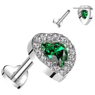 Piercing oreille coeur vert pourtours strass Titane Push-in (lobe, h�lix, tragus...)