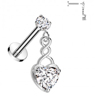 Piercing oreille � coeur zirconium et spirale en pendentif