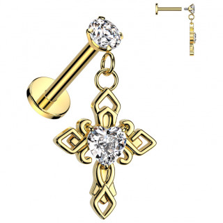 Piercing d'oreille croix celtique dor�e avec coeur en strass
