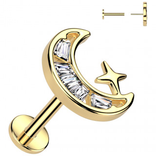Piercing oreille dor� croissant de lune serti et �toile (push-in)