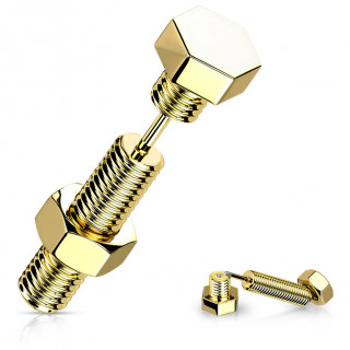 Piercing oreille dor� en forme d'�crou et boulon en acier