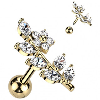 Piercing d'oreille dor� � fleur et feuilles de zirconiums
