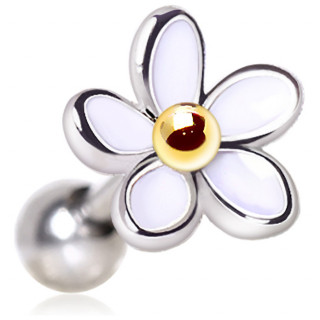 Piercing oreille fleur p�tales blancs � centre dor� (h�lix, flat, lobe...)
