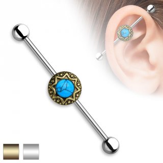 Piercing oreille industriel � disque solaire et turquoise