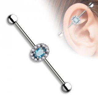 Piercing oreille industriel � oval de strass clair et bleu aqua