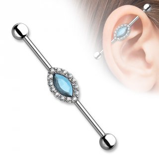Piercing oreille industriel � pierre bleue en marquise et strass clairs