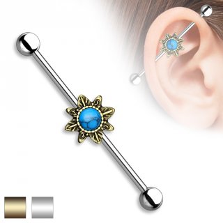 Piercing oreille industriel � soleil tribal et turquoise