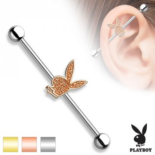 Piercing oreille industriel en acier � lapin Playboy en laiton couvert de paillettes