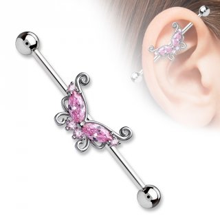 Piercing oreille industriel gris � papillon de strass roses