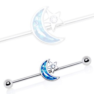 Piercing oreille industriel � lune en opale synth�tique et �toile