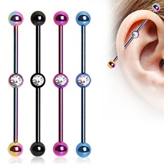 Piercing oreille industriel plaqu� IP titanium � boules avec strass