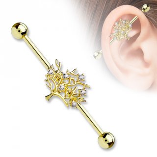 Piercing oreille industriel plaqu� or � arbre de vie avec strass