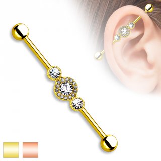 Piercing oreille industriel plaqu� or � trois ronds strass