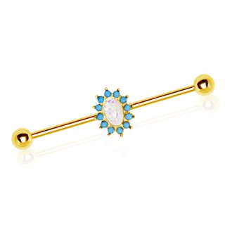 Piercing oreille industriel plaqu� or � Opale ovale bord�e de Turquoises