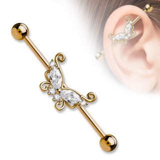 Piercing oreille industriel plaqu� or rose � papillon de strass