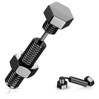 Piercing oreille noir en forme d'�crou et boulon en acier