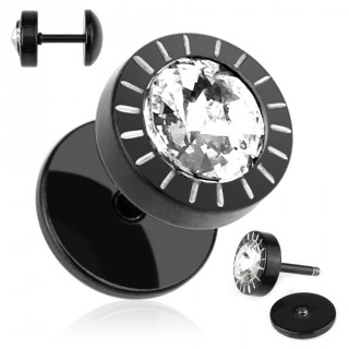 Piercing oreille noir style faux plug serti et rainur�
