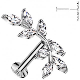 Piercing oreille push-in � branche luxuriante orn�e de feuilles de zirconiums