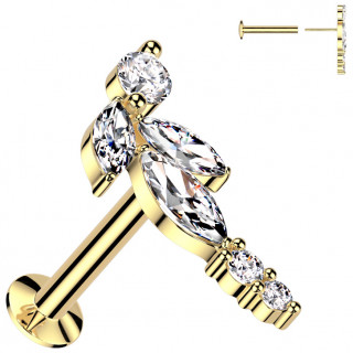 Piercing oreille push-in dor� � branche asym�trique orn�e de cristaux �clatants