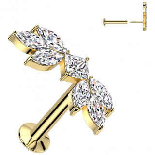 Piercing oreille push-in dor� � branche de feuilles zirconiums
