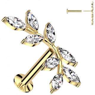 Piercing oreille push-in dor� � branche luxuriante orn�e de feuilles de zirconiums
