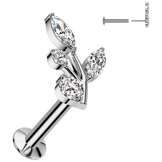 Piercing oreille push-in � rameau de feuilles zirconiums
