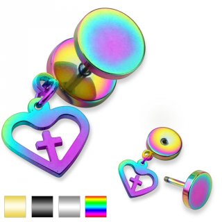 Piercing oreille style faux plug � pendentif coeur avec croix
