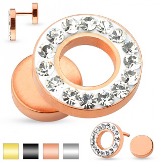 Piercing oreille style faux plug avec anneau excentr� aur�ol� de pierres