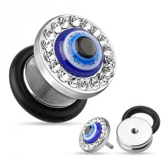 Piercing oreille style faux plug avec oeil de la chance bord� de strass