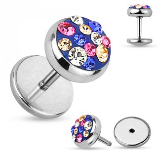 Piercing oreille style faux plug pav� de pierres multicolores
