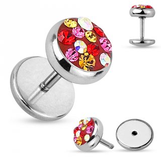 Piercing oreille style faux plug pav� de strass multicolores