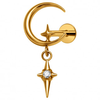 Piercing oreille Titane dor� a croissant de lune �toil� (lobe, h�lix, tragus...)