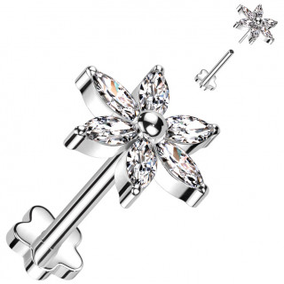 Piercing d'oreille Titane � fleur aux p�tales de zirconiums clairs (Push-in)
