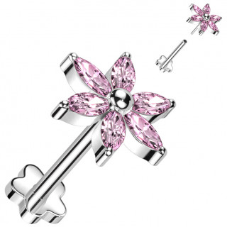 Piercing d'oreille Titane � fleur aux p�tales de zirconiums roses (Push-in)
