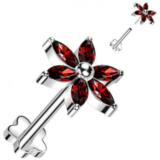 Piercing d'oreille Titane � fleur aux p�tales de zirconiums rouges (Push-in)
