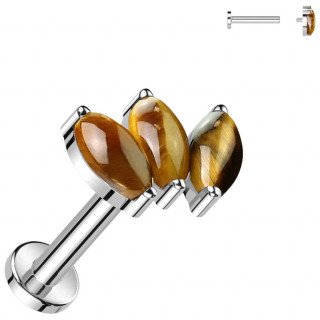 Piercing d'oreille Titane � tige labret � arc de pierres oeil de tigre en amandes (h�lix, lobe...)