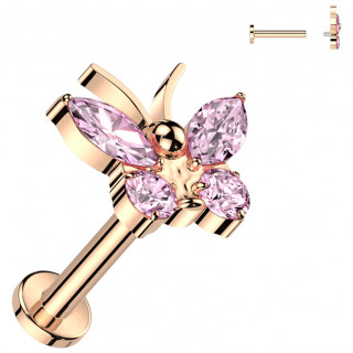 Piercing d'oreille Titane � tige labret Papillon cuivr� � ailes de zirconiums roses (h�lix, tragus...)