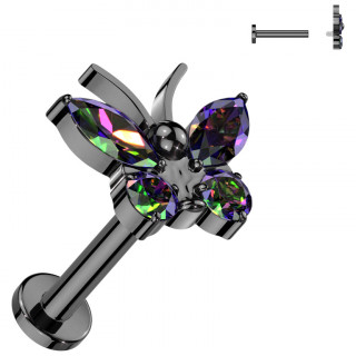 Piercing d'oreille Titane � tige labret Papillon noir � ailes de zirconiums Vitrail Medium (h�lix, tragus...)
