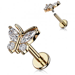 Piercing papillon filetage interne Cuivr� pav� de strass (l�vre, h�lix, flat...)